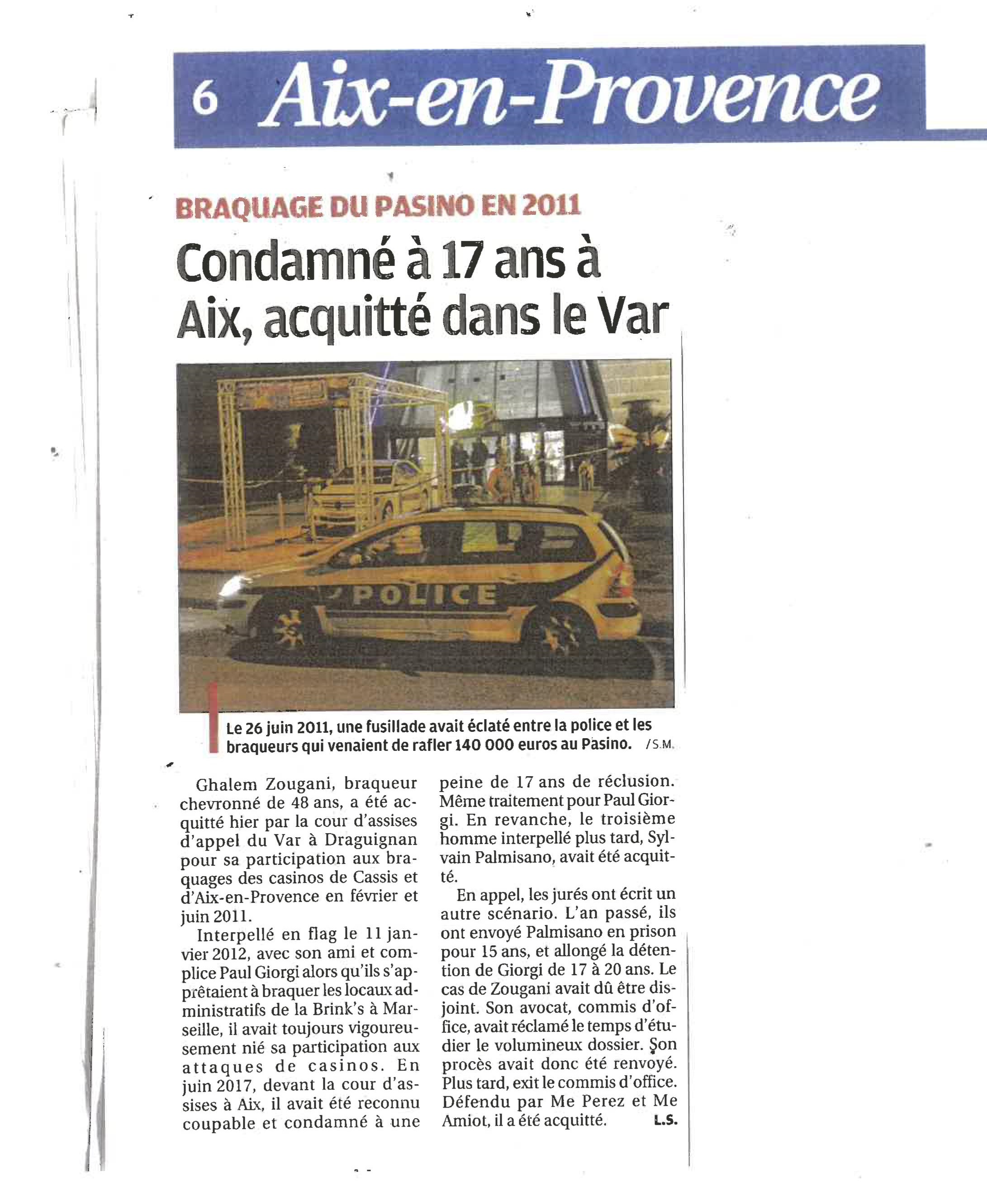 Braquage au Pasino d'Aix-en-Provence - Article de La Provence