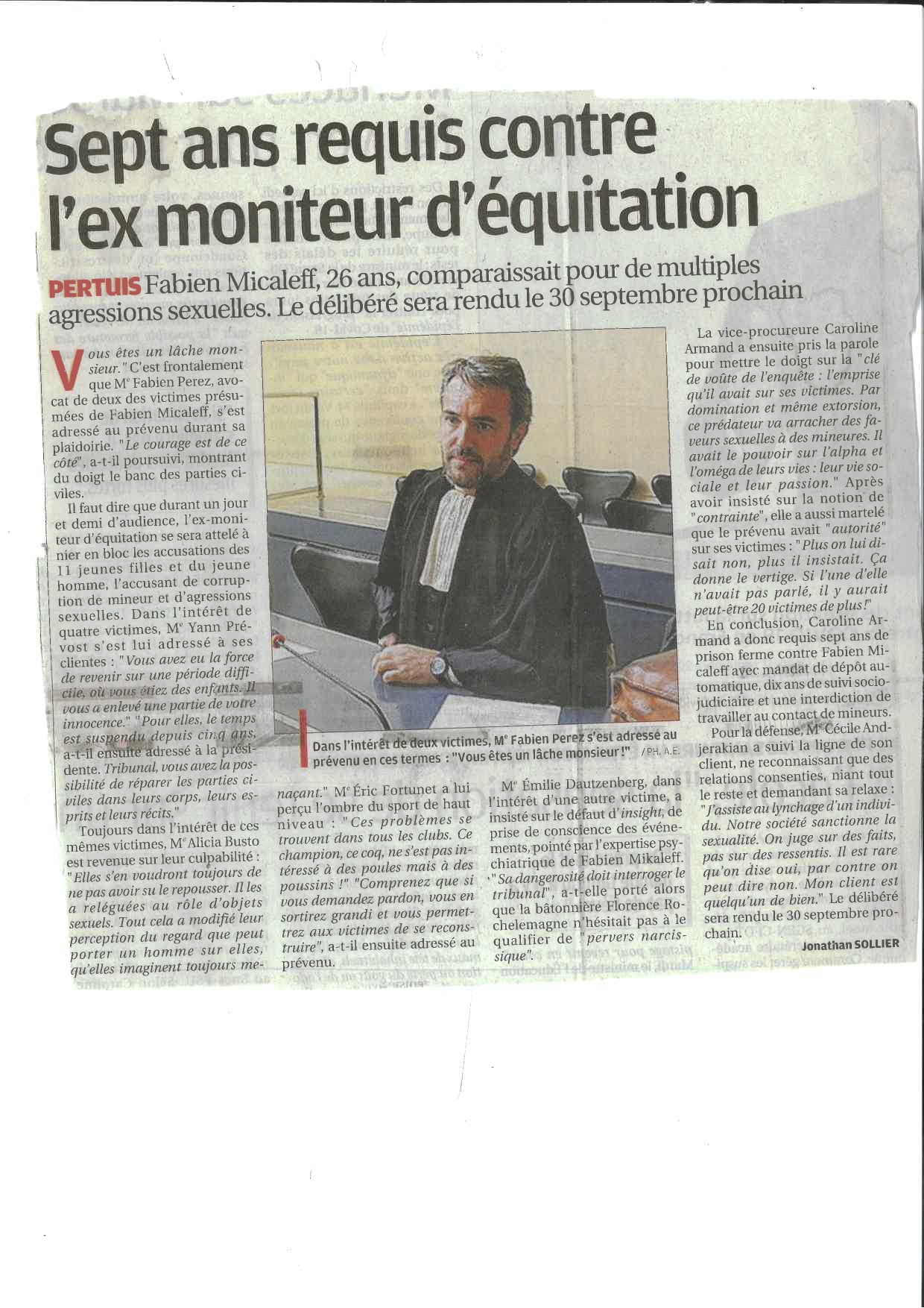 Article La Provence : 7 ans requis contre l'ex moniteur d'équitation